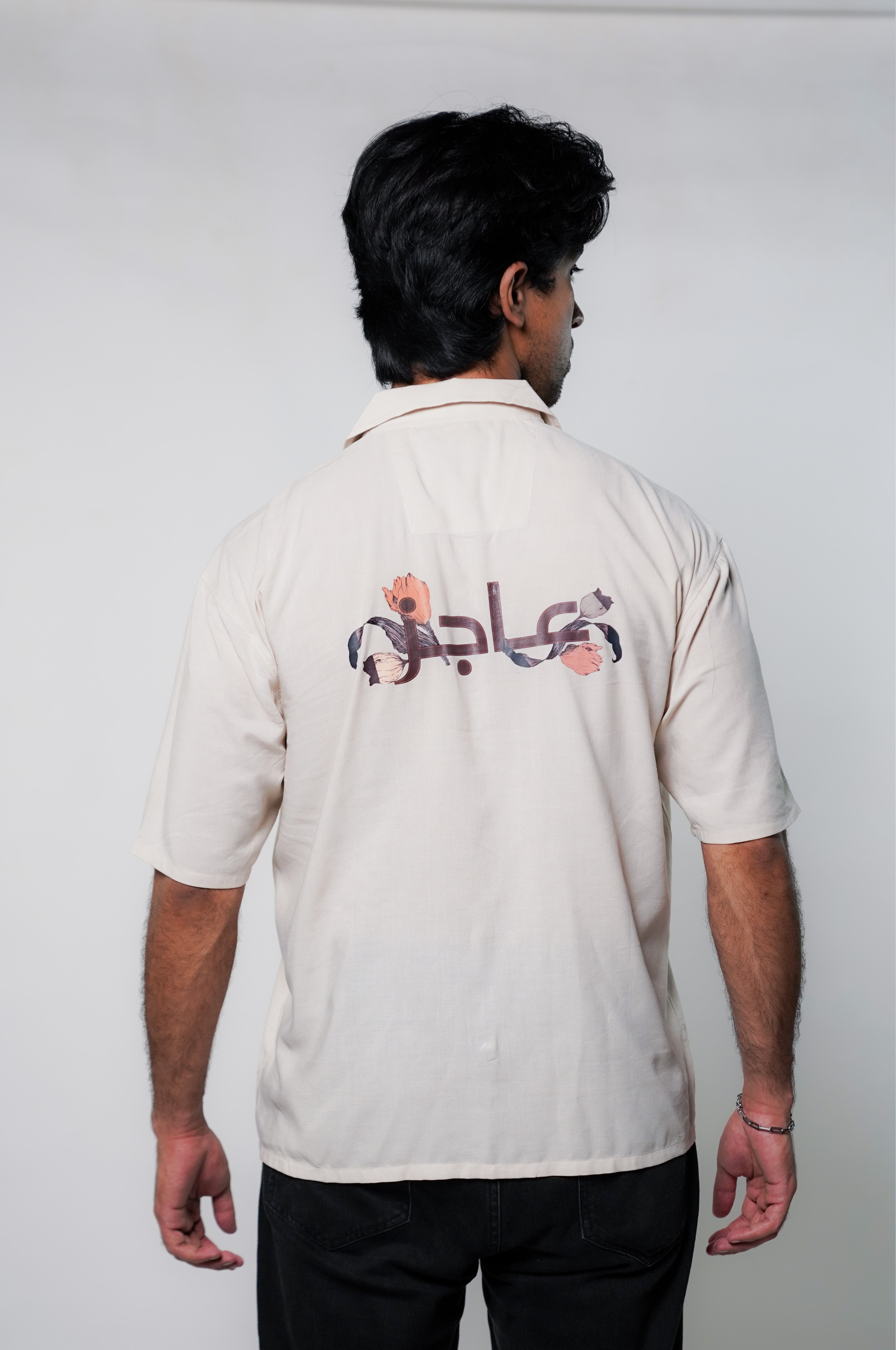 'عاجز' Beige Cotton Cuban Collar Shirt