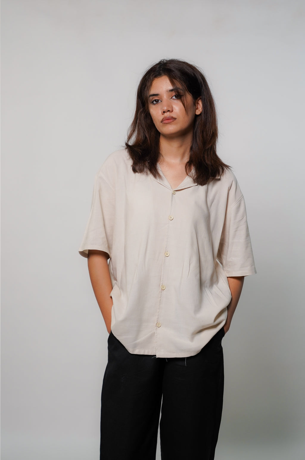 'عاجز' Beige Cotton Cuban Collar Shirt