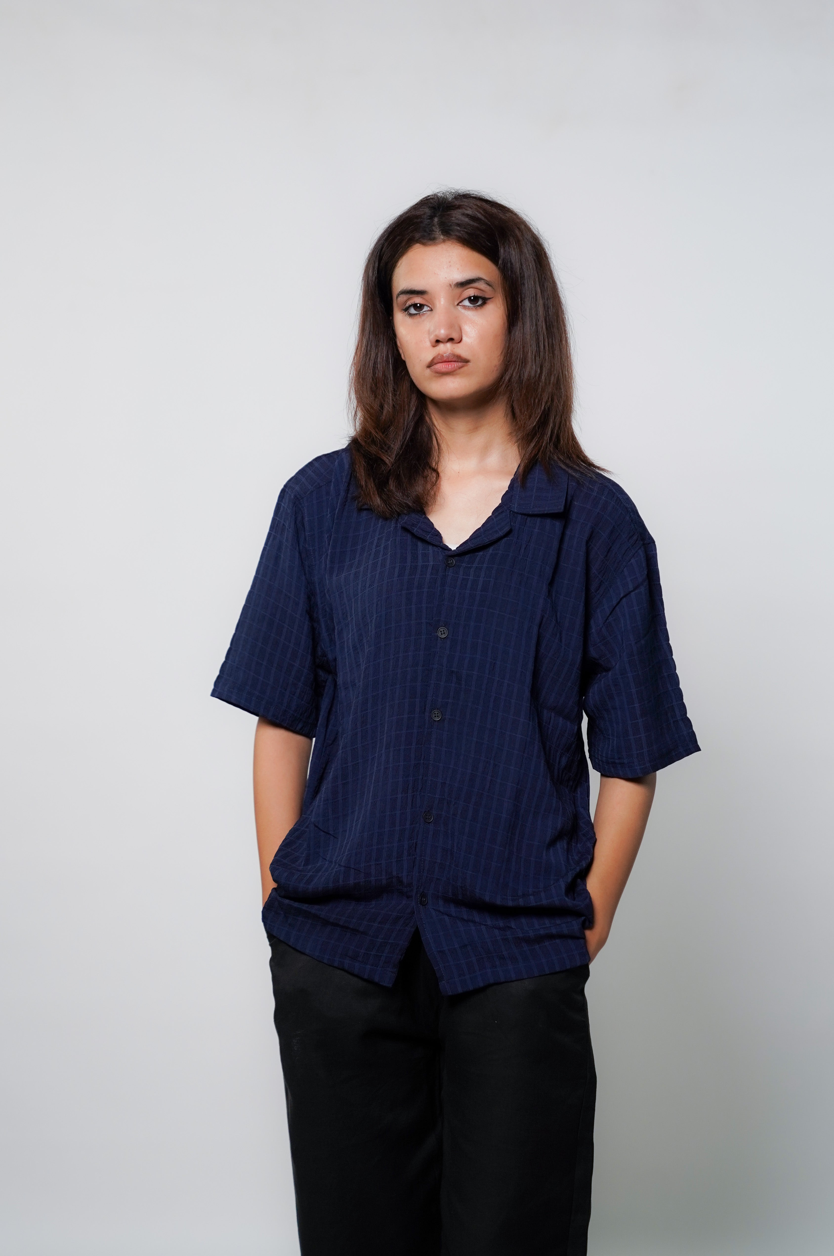 Blue Viscose Cuban Collar