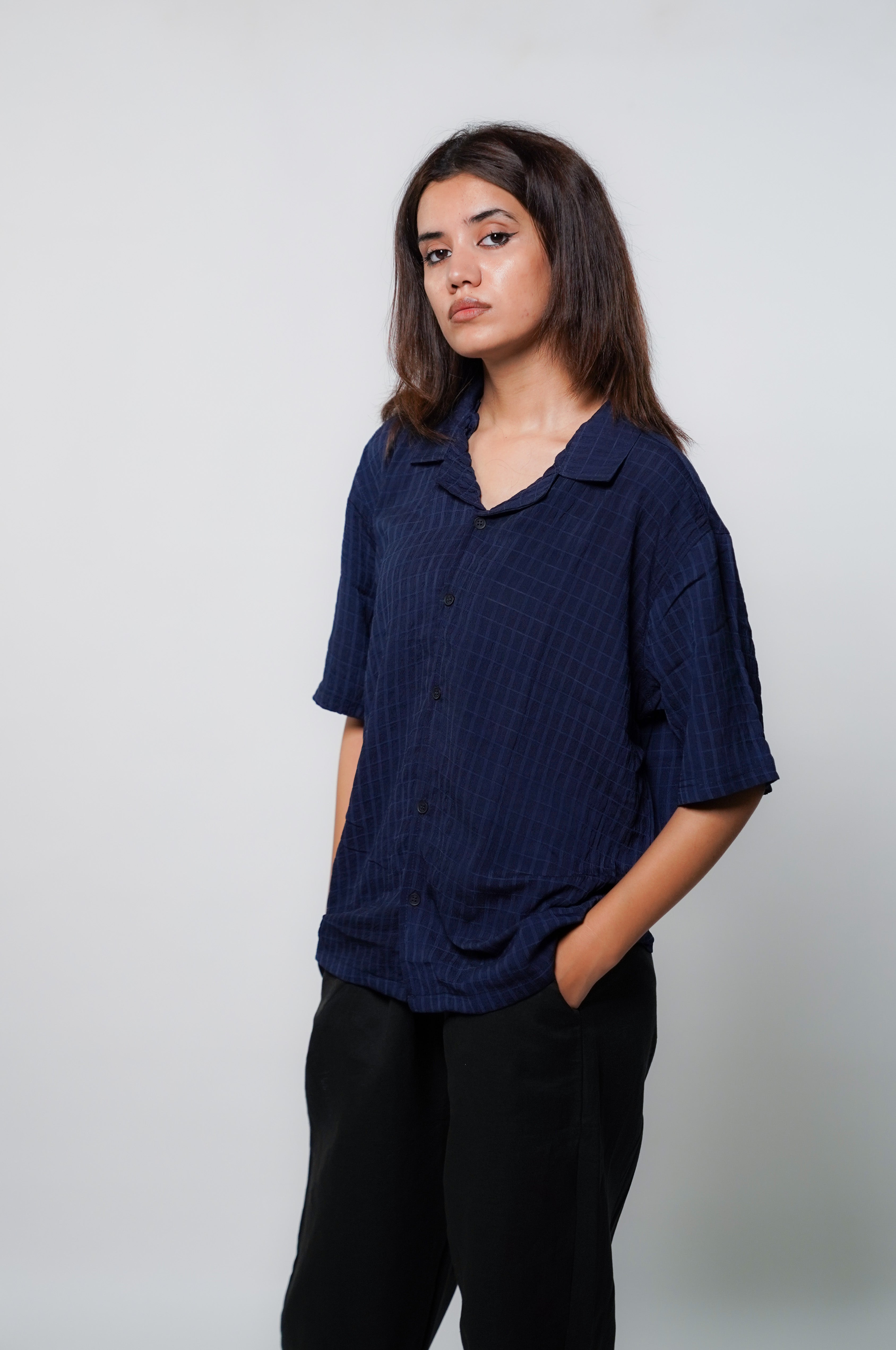 Blue Viscose Cuban Collar